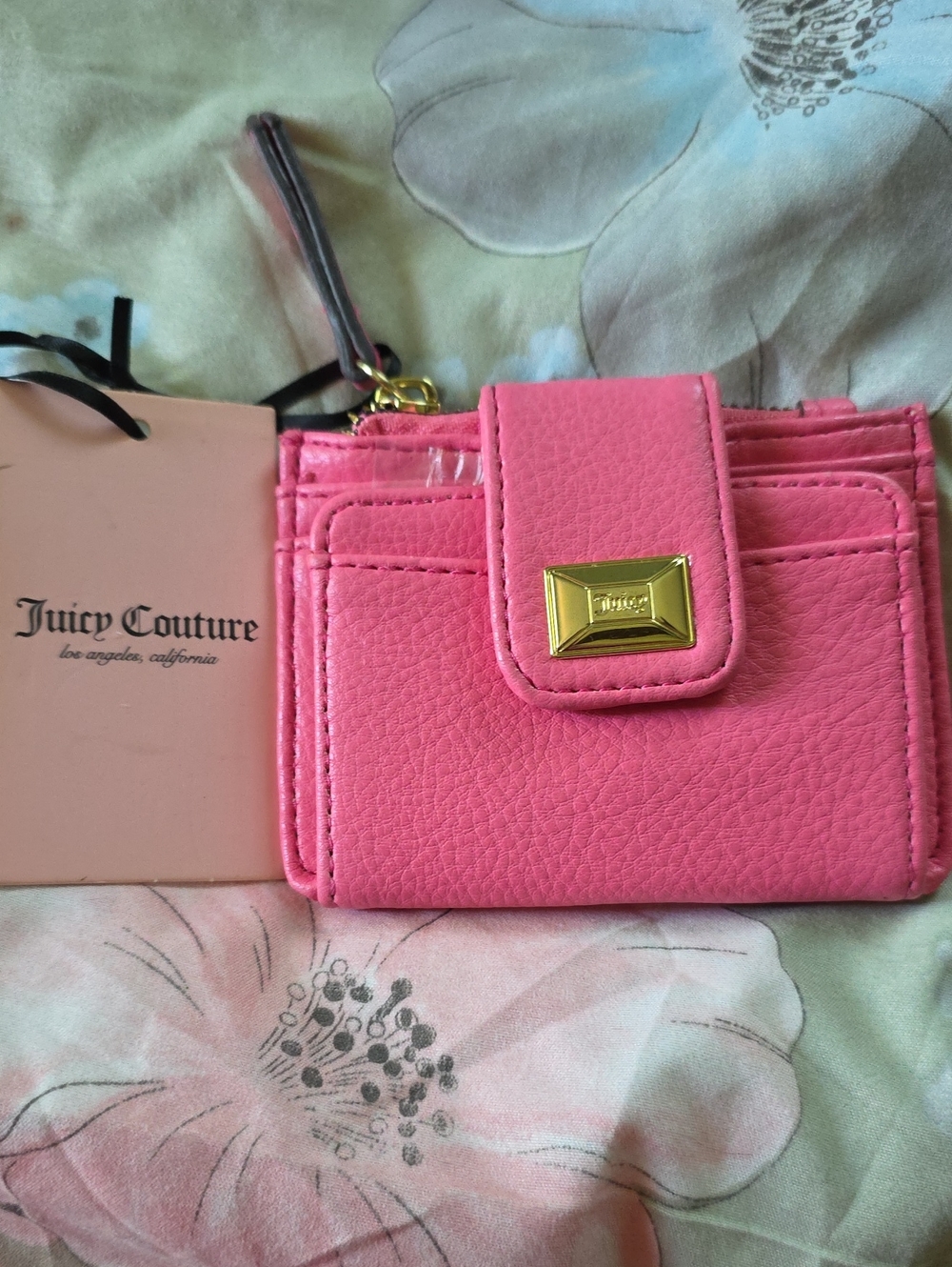 Juicy Couture Hot Pink Pebbled Leather Card Case with Gold Plate